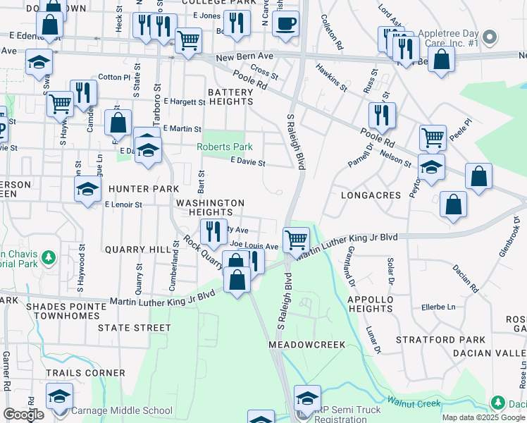 map of restaurants, bars, coffee shops, grocery stores, and more near 1517 East Lenoir Street in Raleigh