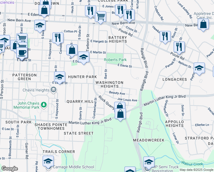 map of restaurants, bars, coffee shops, grocery stores, and more near 1306 East Lenoir Street in Raleigh