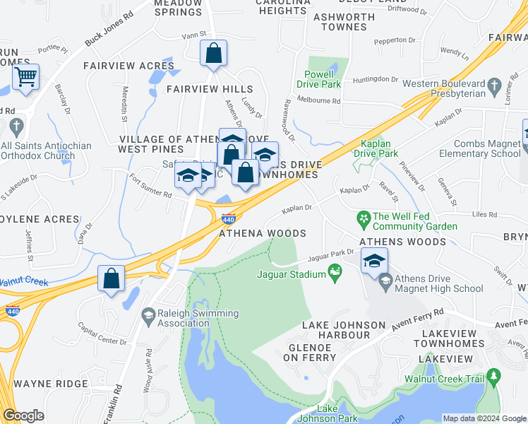 map of restaurants, bars, coffee shops, grocery stores, and more near 5548 Kaplan Drive in Raleigh