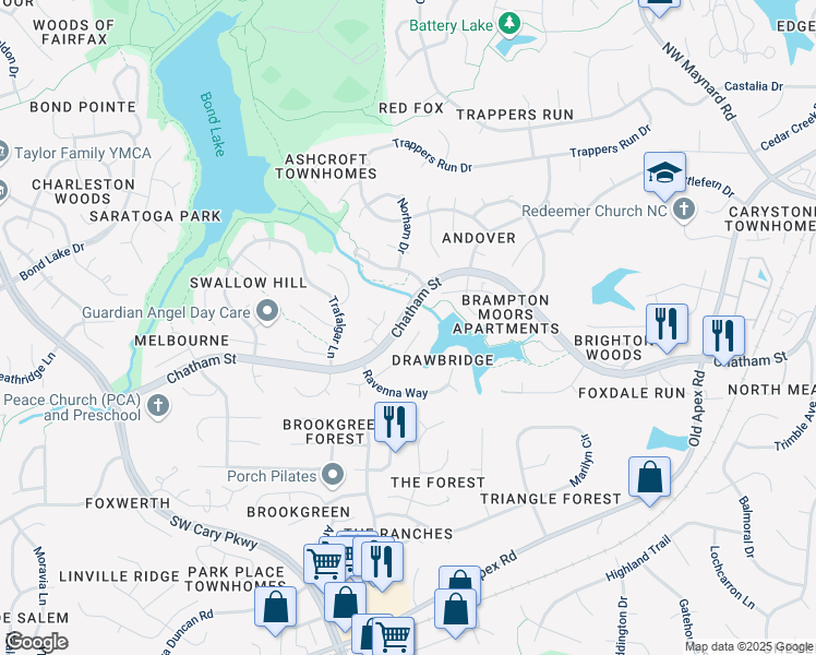 map of restaurants, bars, coffee shops, grocery stores, and more near 113 North Drawbridge Lane in Cary