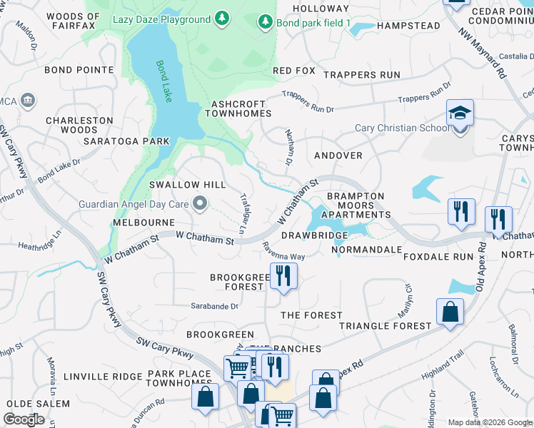 map of restaurants, bars, coffee shops, grocery stores, and more near 100 Wheatley Way in Cary