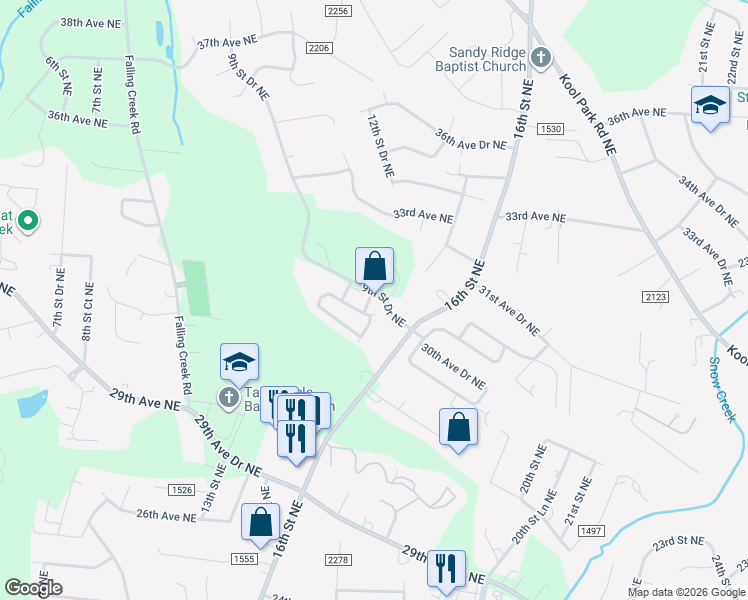 map of restaurants, bars, coffee shops, grocery stores, and more near 3131 9th Street Drive Northeast in Hickory