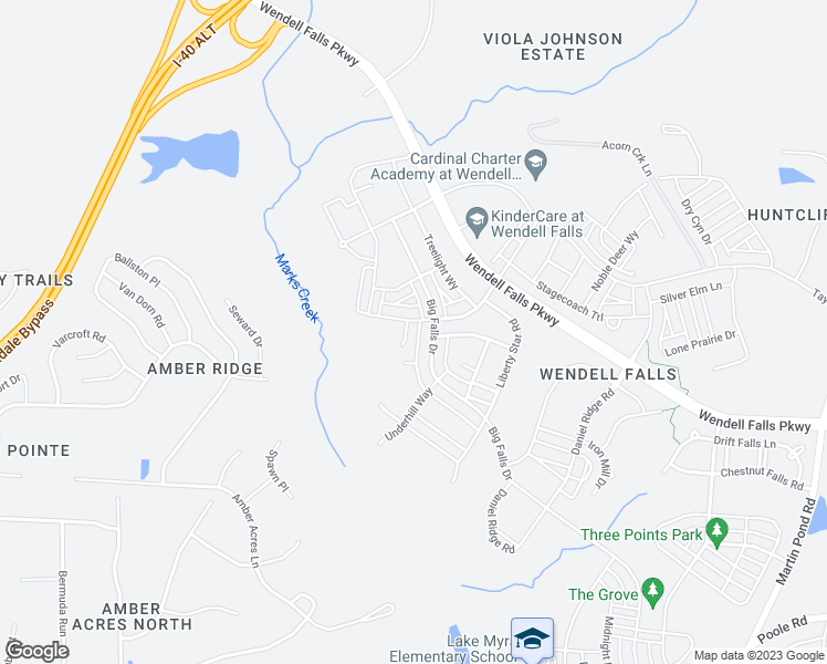 map of restaurants, bars, coffee shops, grocery stores, and more near 309 Sunset Hill Lane in Wendell