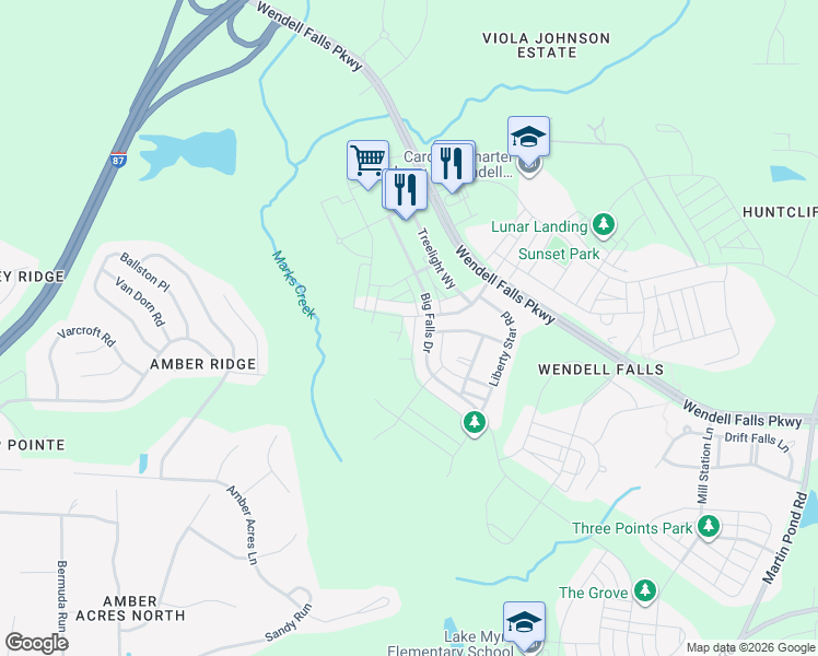 map of restaurants, bars, coffee shops, grocery stores, and more near 309 Sunset Hill Lane in Wendell