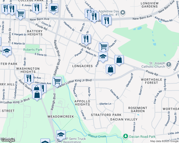 map of restaurants, bars, coffee shops, grocery stores, and more near 2301 Shannon Street in Raleigh