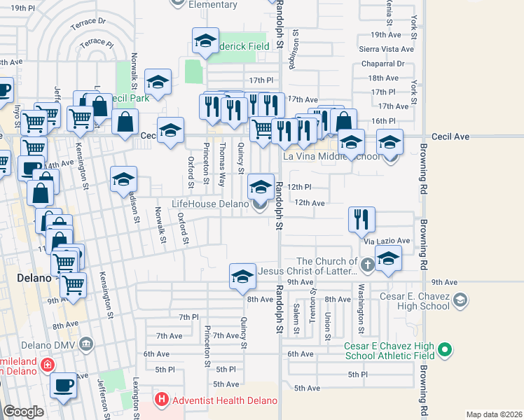 map of restaurants, bars, coffee shops, grocery stores, and more near 1725 11th Avenue in Delano