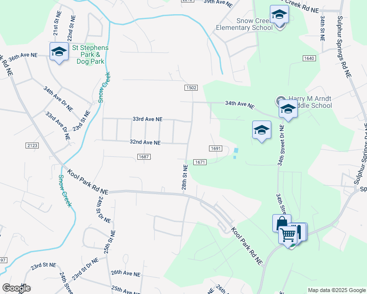 map of restaurants, bars, coffee shops, grocery stores, and more near 3163 28th Street Northeast in Hickory