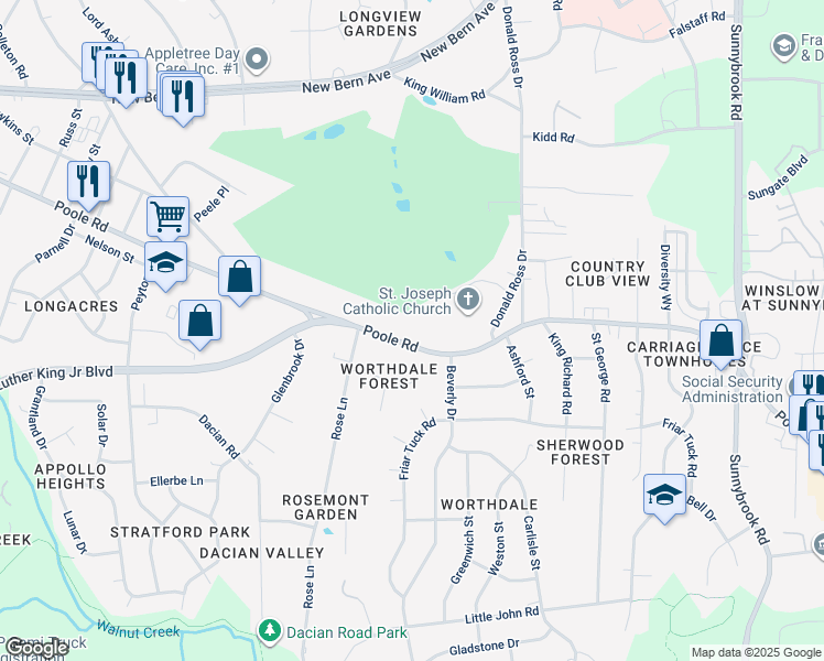 map of restaurants, bars, coffee shops, grocery stores, and more near 2755 Poole Road in Raleigh