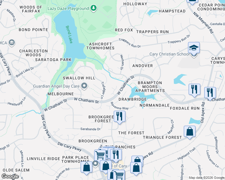 map of restaurants, bars, coffee shops, grocery stores, and more near 100 Wheatley Way in Cary