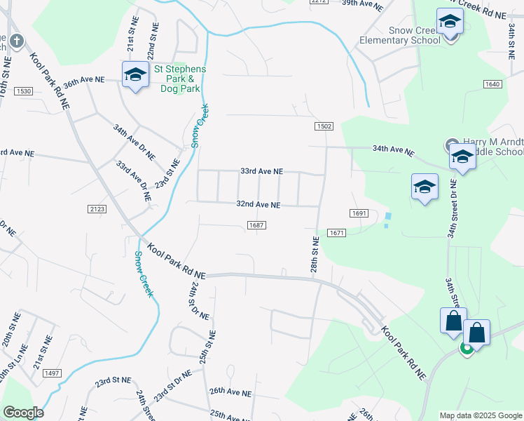 map of restaurants, bars, coffee shops, grocery stores, and more near 2606 32nd Avenue Northeast in Hickory
