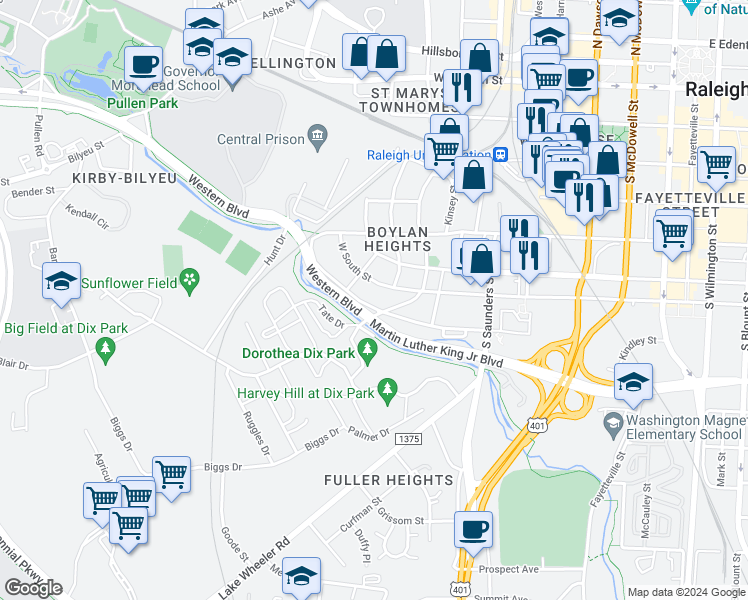 map of restaurants, bars, coffee shops, grocery stores, and more near 906 Dorothea Drive in Raleigh