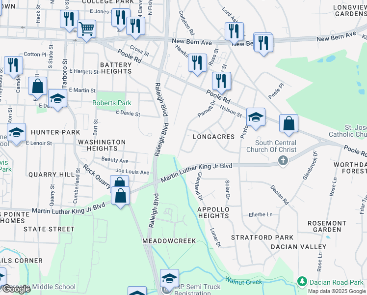 map of restaurants, bars, coffee shops, grocery stores, and more near 523 Parnell Drive in Raleigh