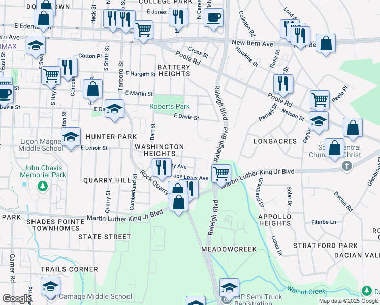 map of restaurants, bars, coffee shops, grocery stores, and more near 1517 East Lenoir Street in Raleigh