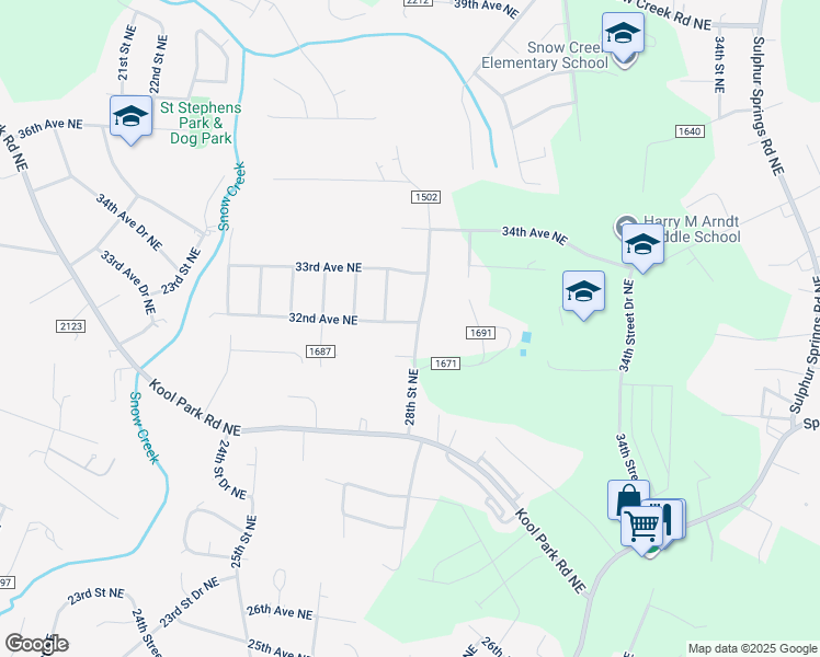 map of restaurants, bars, coffee shops, grocery stores, and more near 3163 28th Street Northeast in Hickory