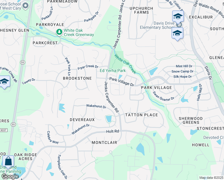 map of restaurants, bars, coffee shops, grocery stores, and more near 118 Union Mills Way in Cary
