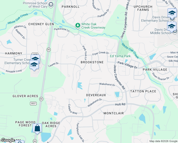 map of restaurants, bars, coffee shops, grocery stores, and more near 105 Pine Stroll Drive in Cary