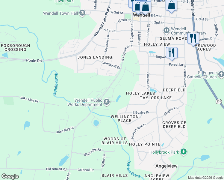 map of restaurants, bars, coffee shops, grocery stores, and more near 280 Lake Glad Road in Wendell