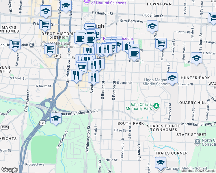 map of restaurants, bars, coffee shops, grocery stores, and more near 217 East South Street in Raleigh