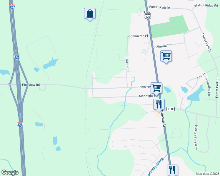 map of restaurants, bars, coffee shops, grocery stores, and more near 333 Pineview Street in Asheboro