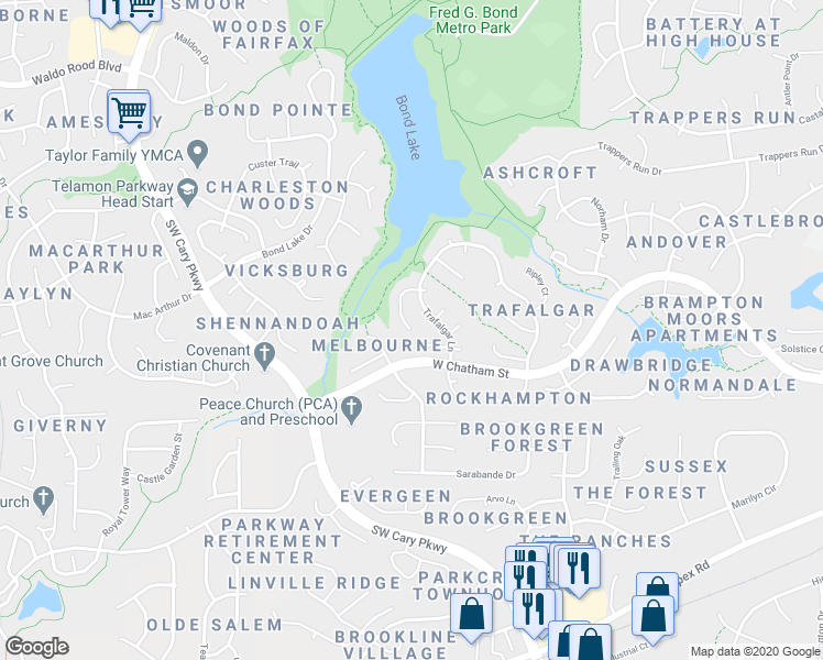 map of restaurants, bars, coffee shops, grocery stores, and more near 441 Excalibur Court in Cary