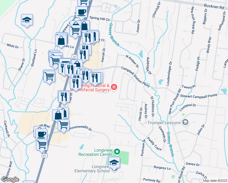 map of restaurants, bars, coffee shops, grocery stores, and more near 4012 O'Hallorn Drive in Spring Hill