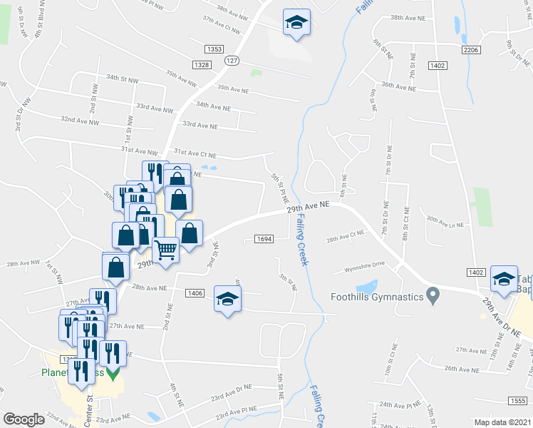 map of restaurants, bars, coffee shops, grocery stores, and more near 488 29th Avenue Northeast in Hickory