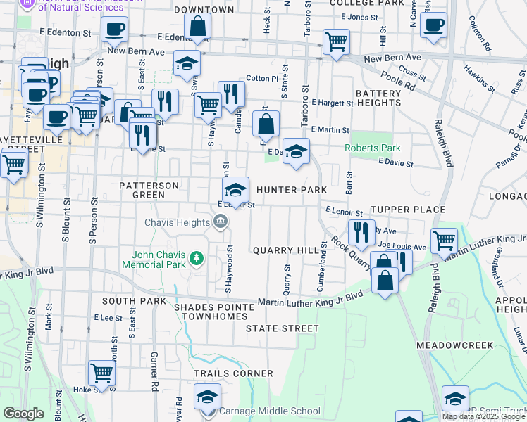 map of restaurants, bars, coffee shops, grocery stores, and more near 615 Church Street in Raleigh