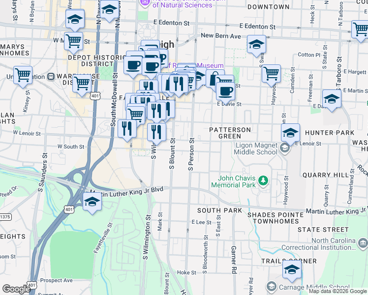 map of restaurants, bars, coffee shops, grocery stores, and more near 217 East South Street in Raleigh