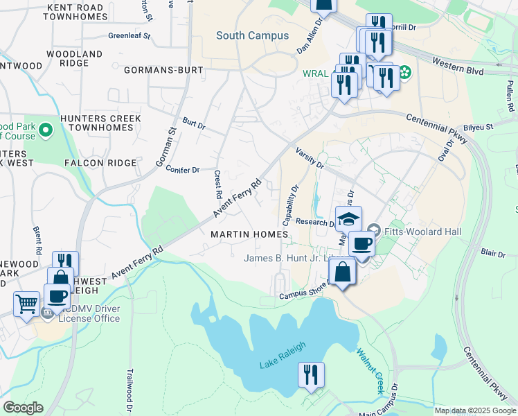 map of restaurants, bars, coffee shops, grocery stores, and more near 652 Centennial View Lane in Raleigh