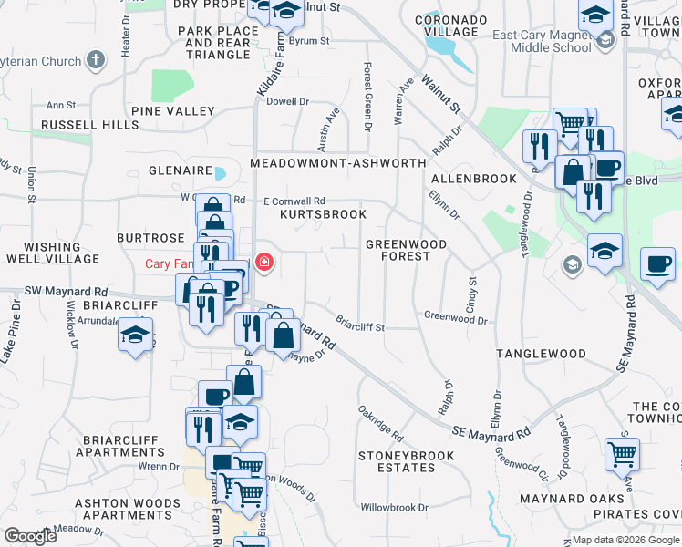 map of restaurants, bars, coffee shops, grocery stores, and more near 1010 Washington Street in Cary