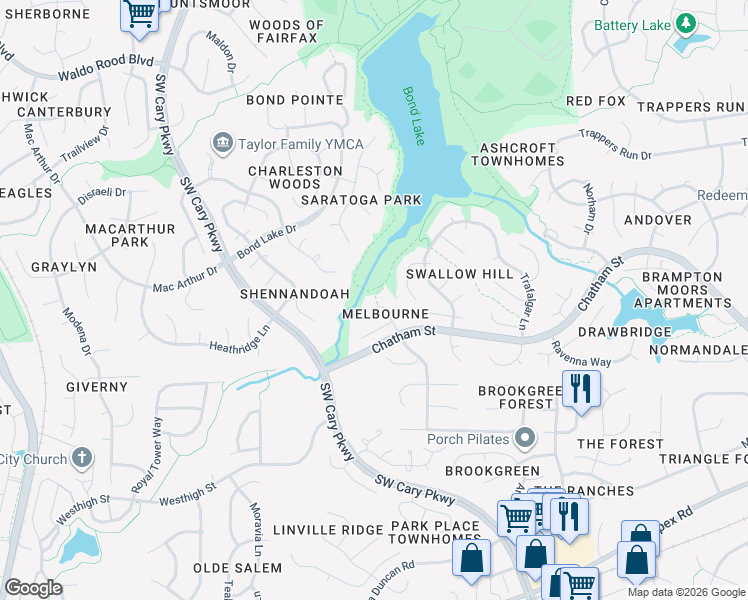 map of restaurants, bars, coffee shops, grocery stores, and more near 204 Red Field Street in Cary