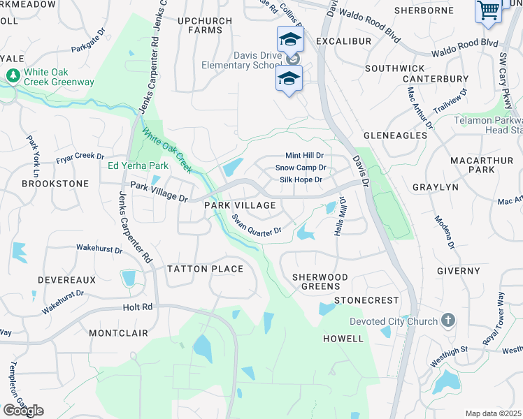 map of restaurants, bars, coffee shops, grocery stores, and more near 103 Sandy Creek Court in Cary
