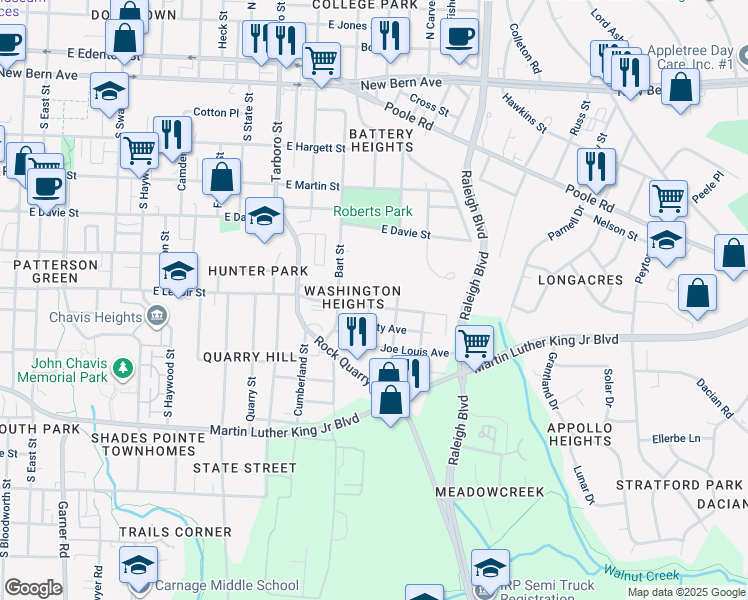 map of restaurants, bars, coffee shops, grocery stores, and more near 1401 East Lenoir Street in Raleigh