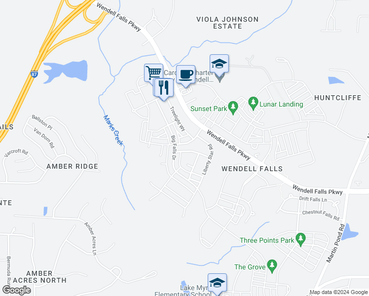 map of restaurants, bars, coffee shops, grocery stores, and more near 1944 Bright Kannon Way in Wendell