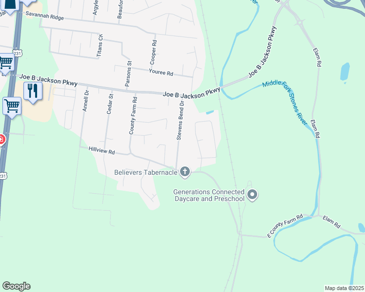 map of restaurants, bars, coffee shops, grocery stores, and more near 3615 Stevens Bend Drive in Murfreesboro
