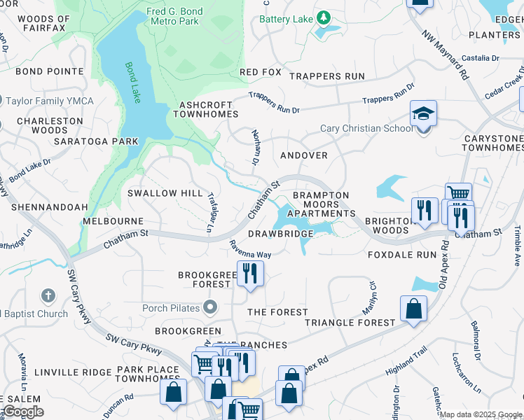 map of restaurants, bars, coffee shops, grocery stores, and more near 115 North Drawbridge Lane in Cary