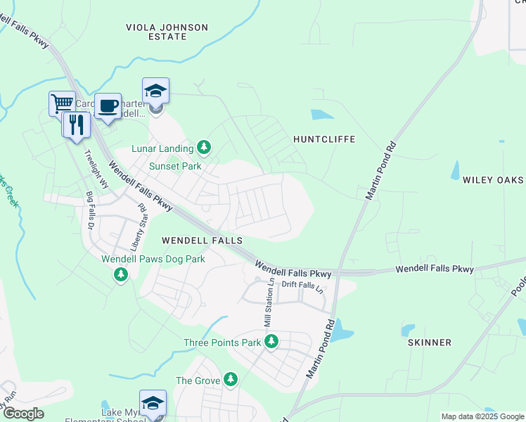 map of restaurants, bars, coffee shops, grocery stores, and more near 236 Thunder Forest Lane in Wendell