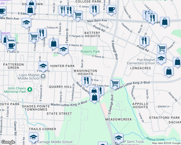 map of restaurants, bars, coffee shops, grocery stores, and more near 1404 East Lenoir Street in Raleigh