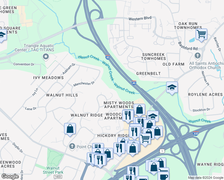map of restaurants, bars, coffee shops, grocery stores, and more near 118 Penwood Drive in Cary