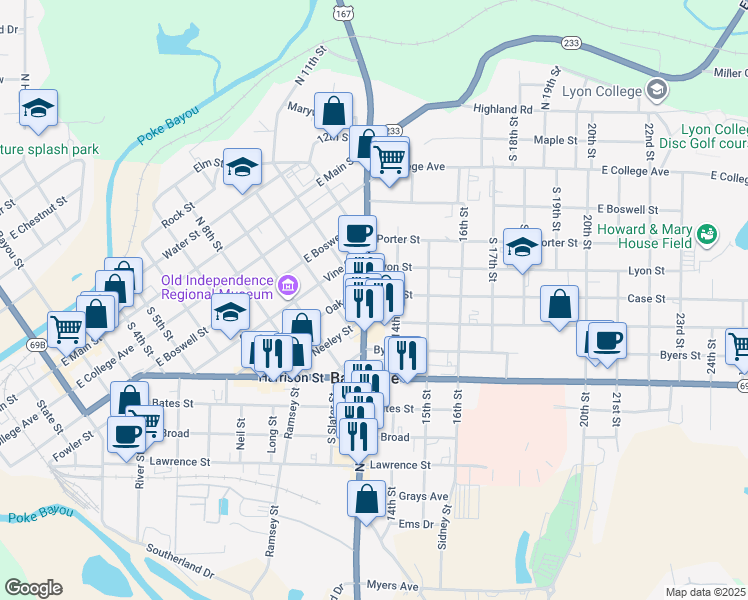 map of restaurants, bars, coffee shops, grocery stores, and more near 755 South Saint Louis Street in Batesville