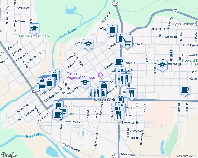 map of restaurants, bars, coffee shops, grocery stores, and more near 380 South 9th Street in Batesville