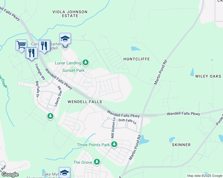 map of restaurants, bars, coffee shops, grocery stores, and more near 236 Thunder Forest Lane in Wendell
