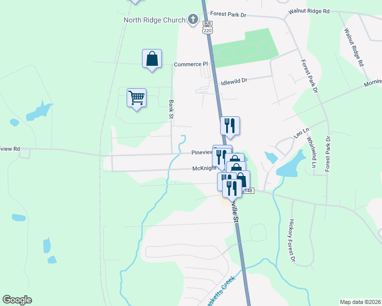 map of restaurants, bars, coffee shops, grocery stores, and more near 207 Pineview Street in Asheboro