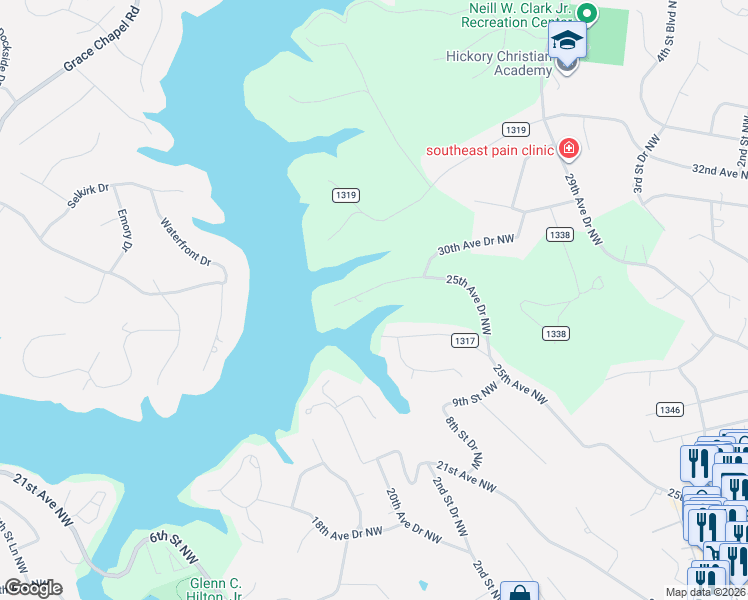 map of restaurants, bars, coffee shops, grocery stores, and more near 1035 25th Avenue Drive Northwest in Hickory