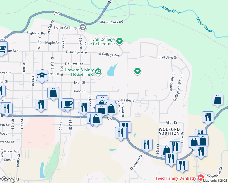 map of restaurants, bars, coffee shops, grocery stores, and more near 2530 Case Street in Batesville