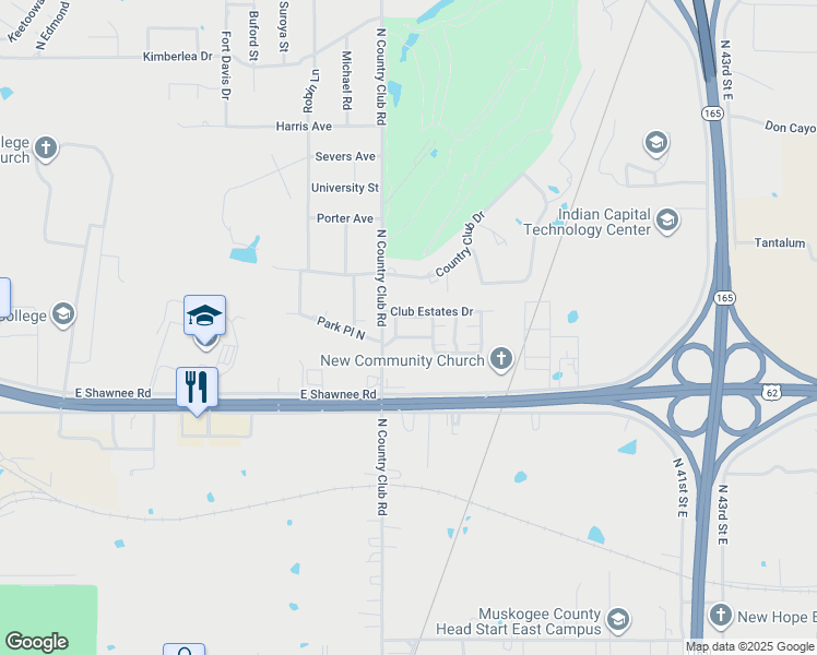map of restaurants, bars, coffee shops, grocery stores, and more near 2240-2304 North Country Club Road in Muskogee