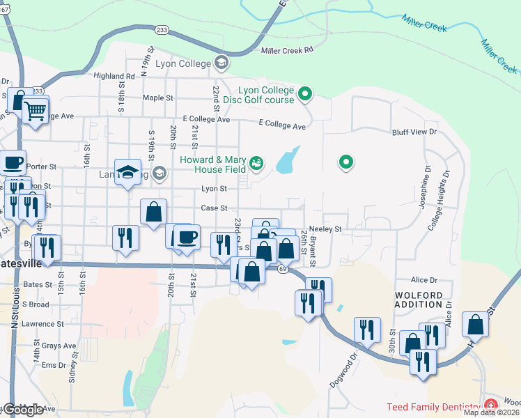 map of restaurants, bars, coffee shops, grocery stores, and more near 2400 Case Street in Batesville