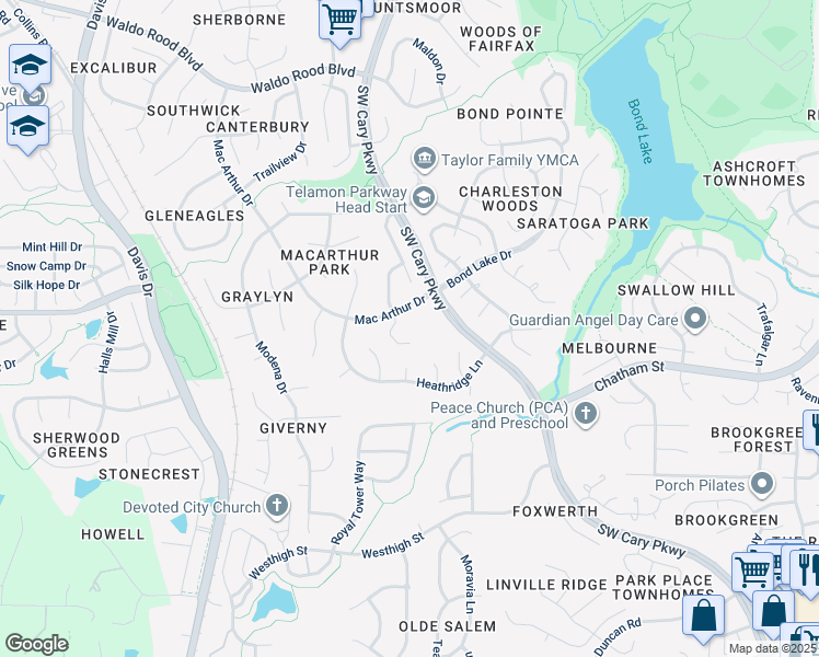 map of restaurants, bars, coffee shops, grocery stores, and more near 111 Mac Arthur Drive in Cary