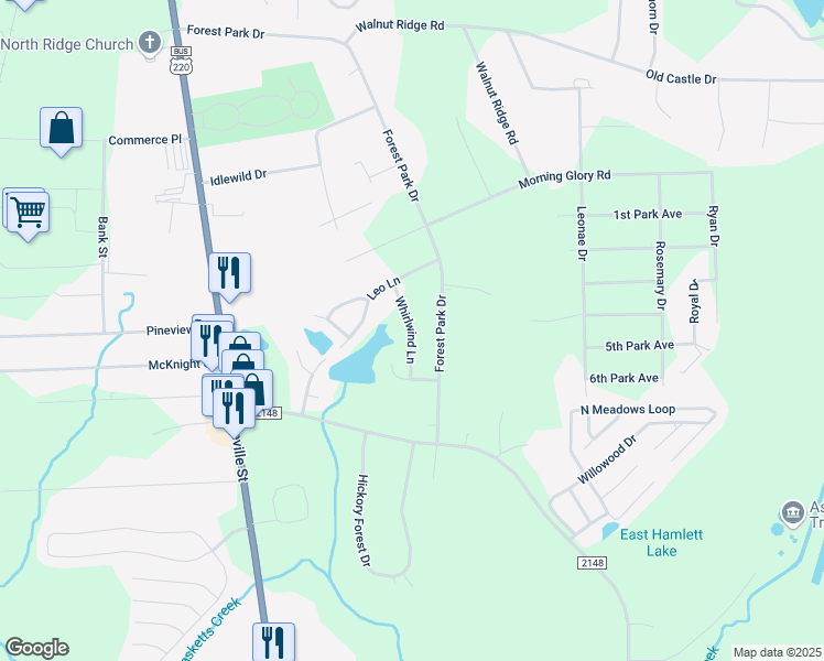 map of restaurants, bars, coffee shops, grocery stores, and more near Whirlwind Lane in Asheboro