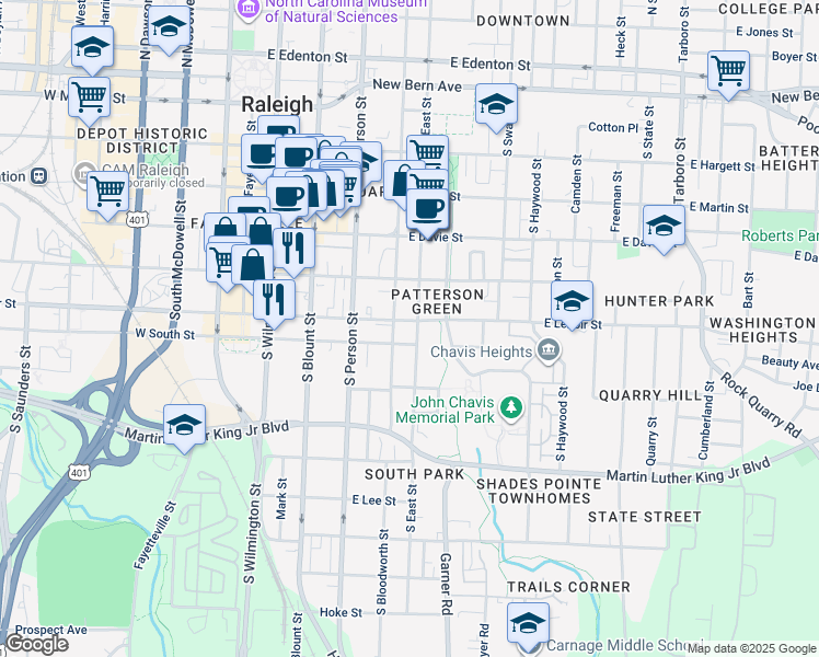 map of restaurants, bars, coffee shops, grocery stores, and more near 408 East South Street in Raleigh